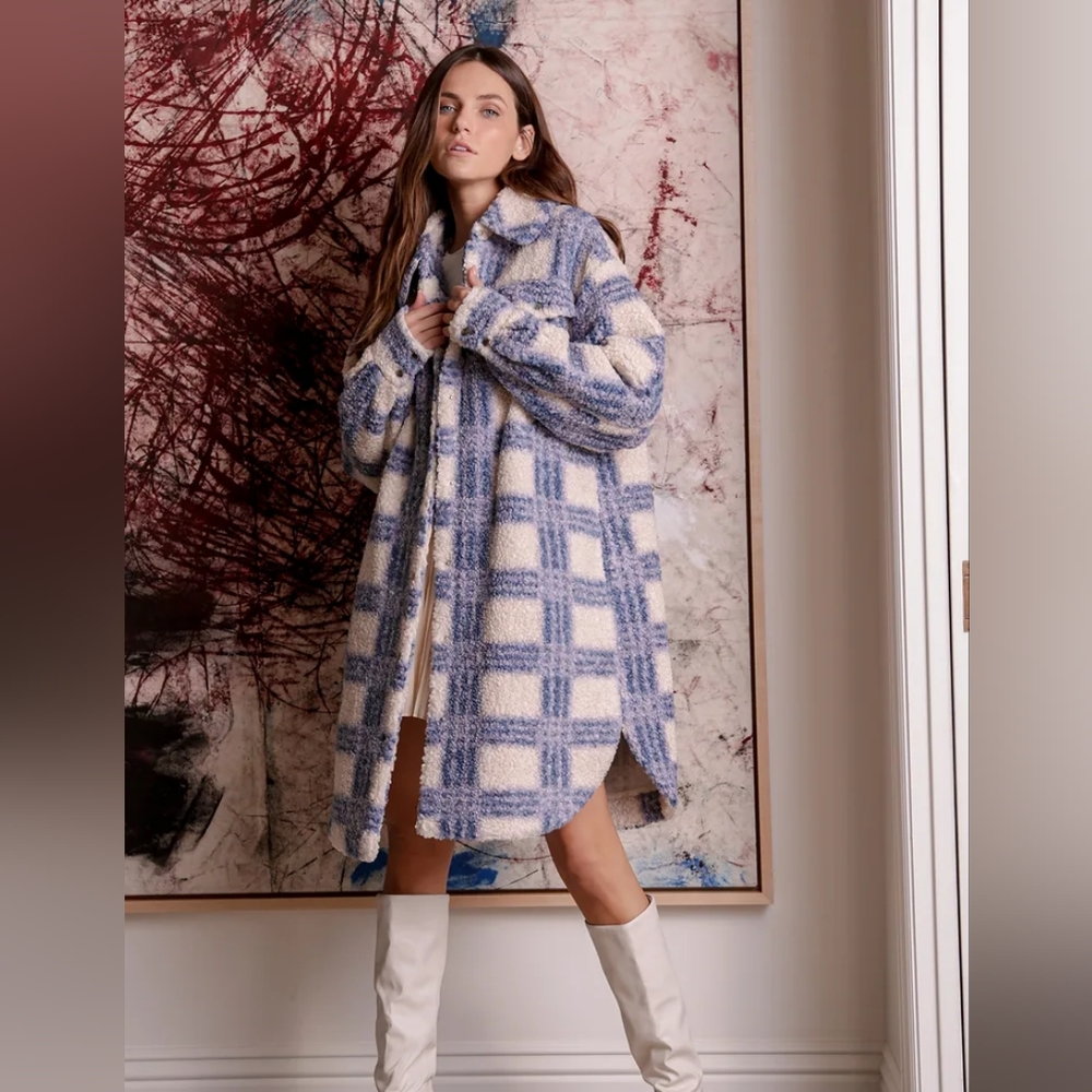 Lulu's Winter Winds Blue Plaid Sherling Shacket XS